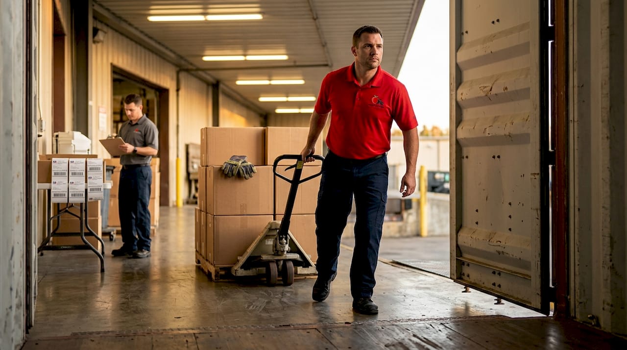 Worker loading boxes into a shipping container