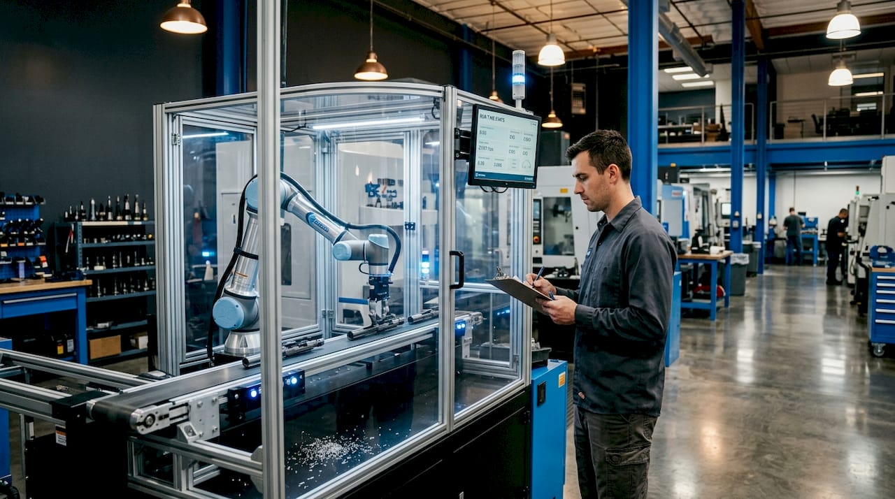 Robotic deburring workstation in machining facility
