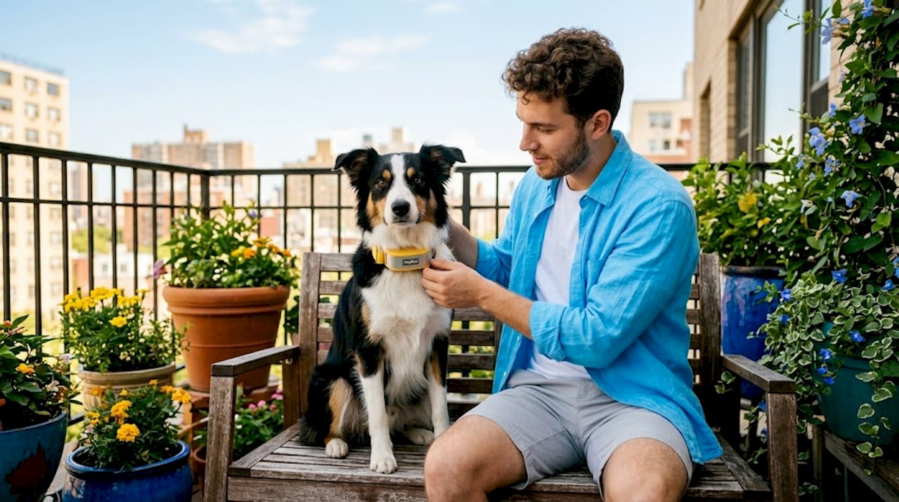 Owner carefully fitting remote collar on border collie