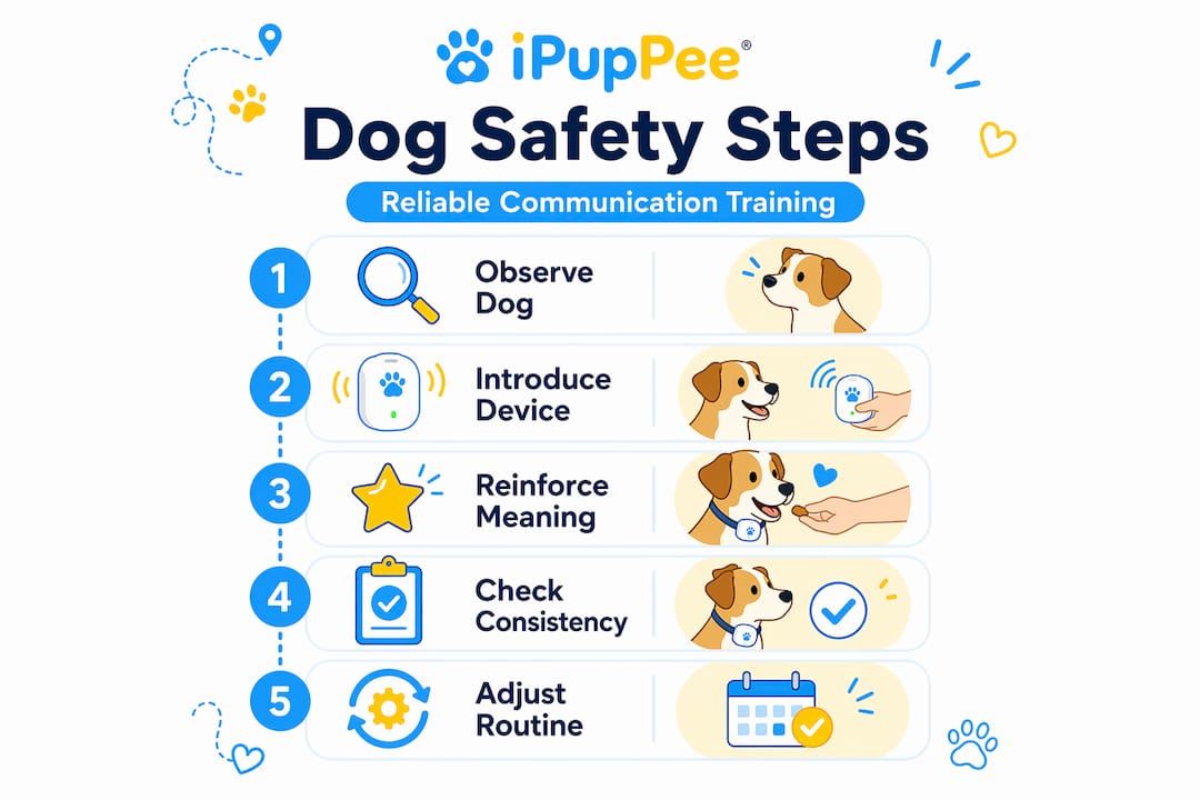 Infographic with five steps for safe dog communication device training