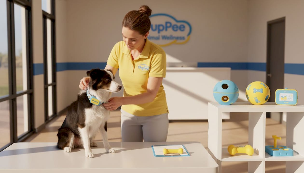 Vet technician fits dog collar in clinic