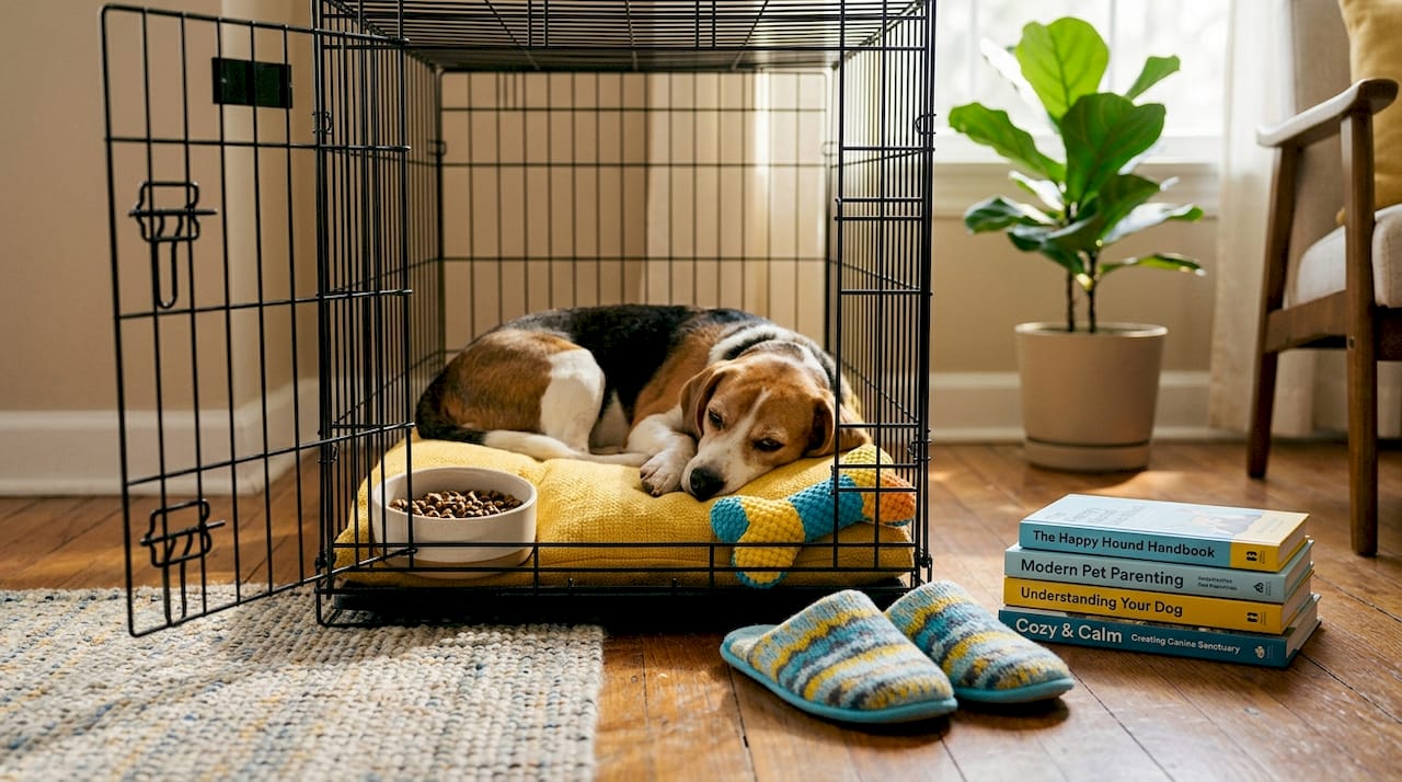 Dog in crate with comfort items and sunlight