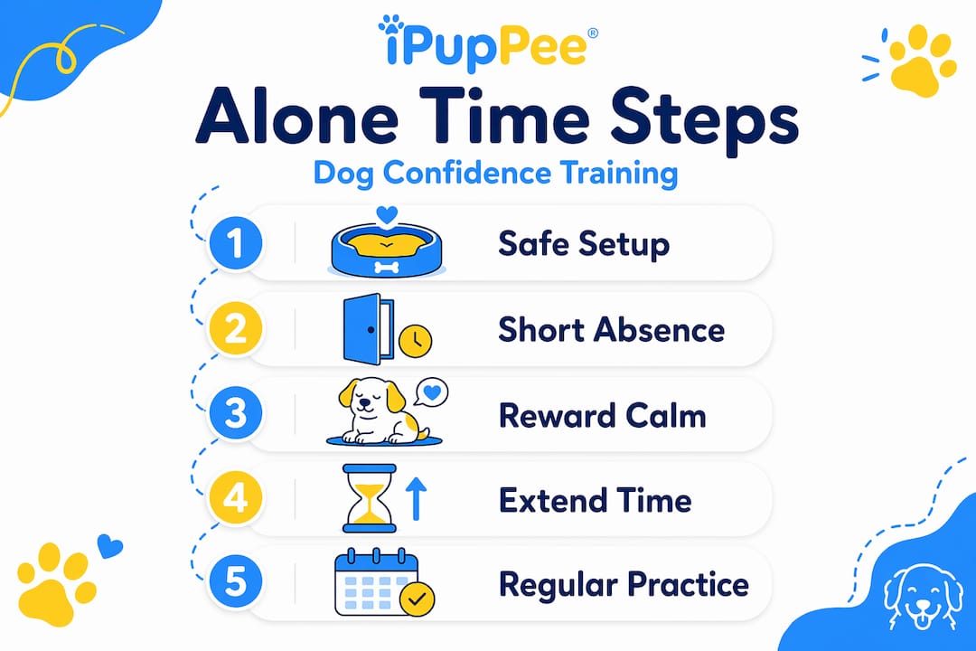 Infographic showing steps for dog alone time training