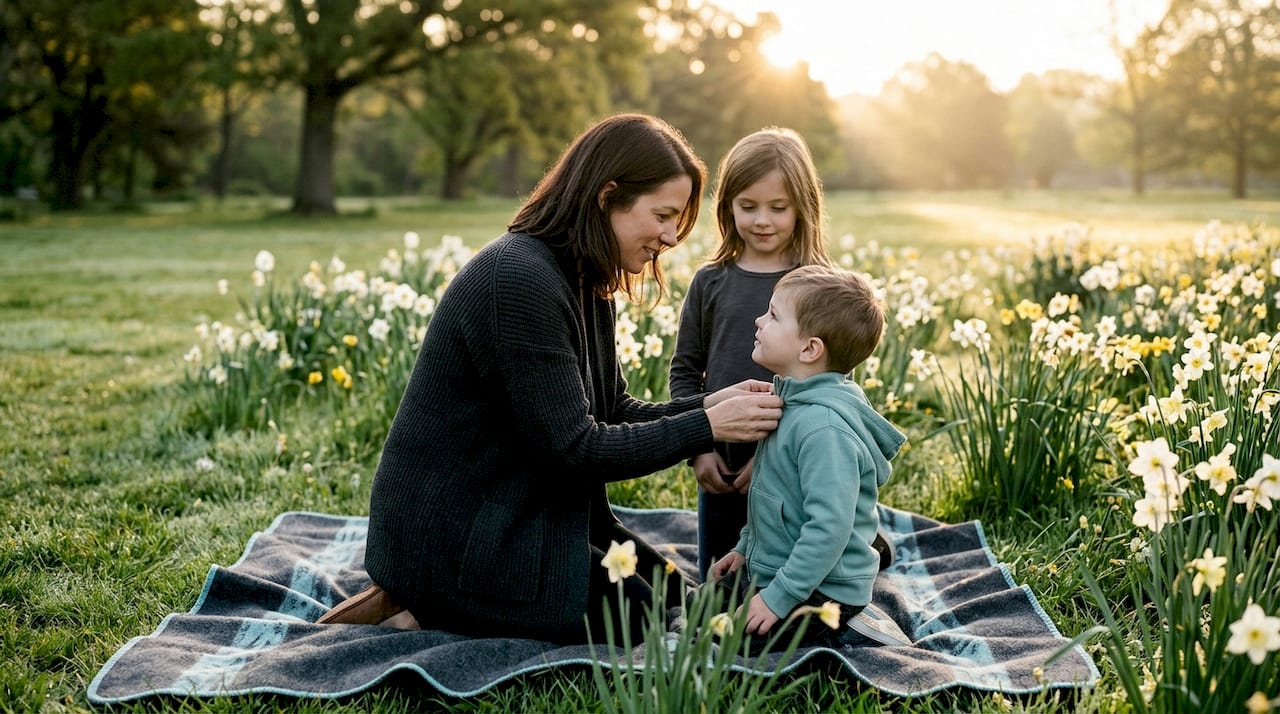 Family prepares for photos in backyard