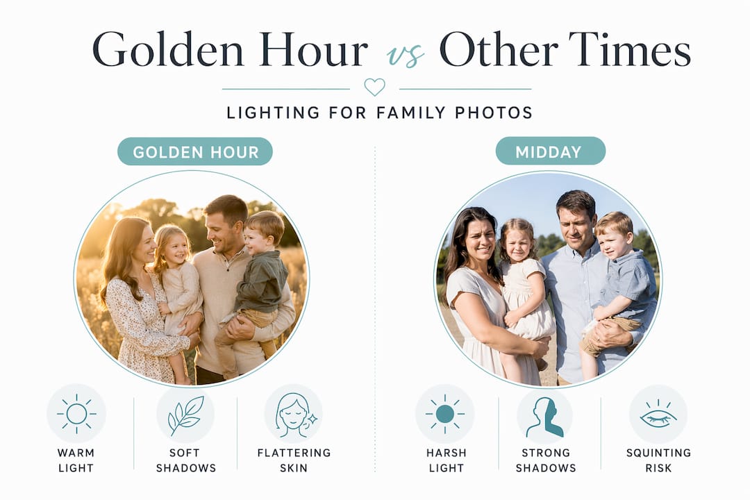 Infographic comparing golden hour vs midday photography