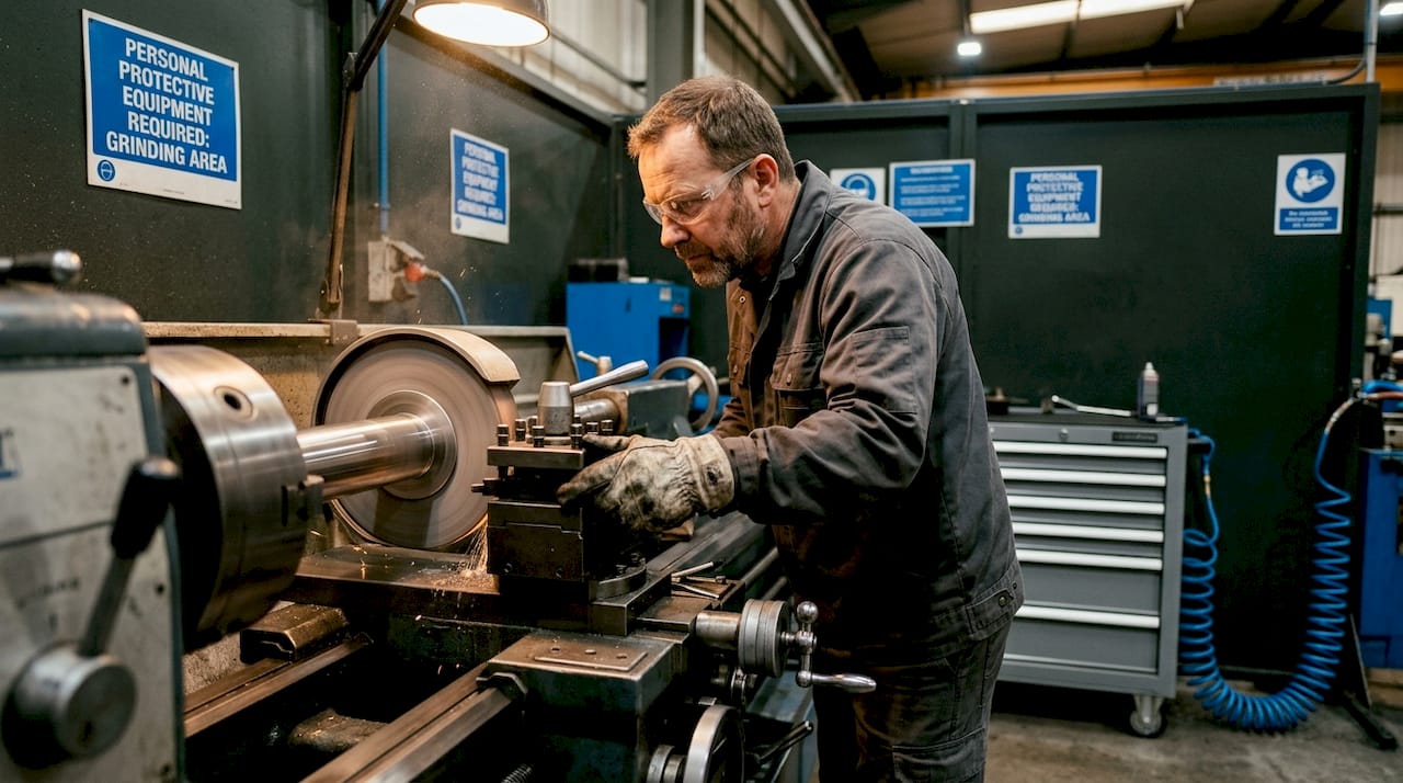 Technician performing OD grinding on shaft