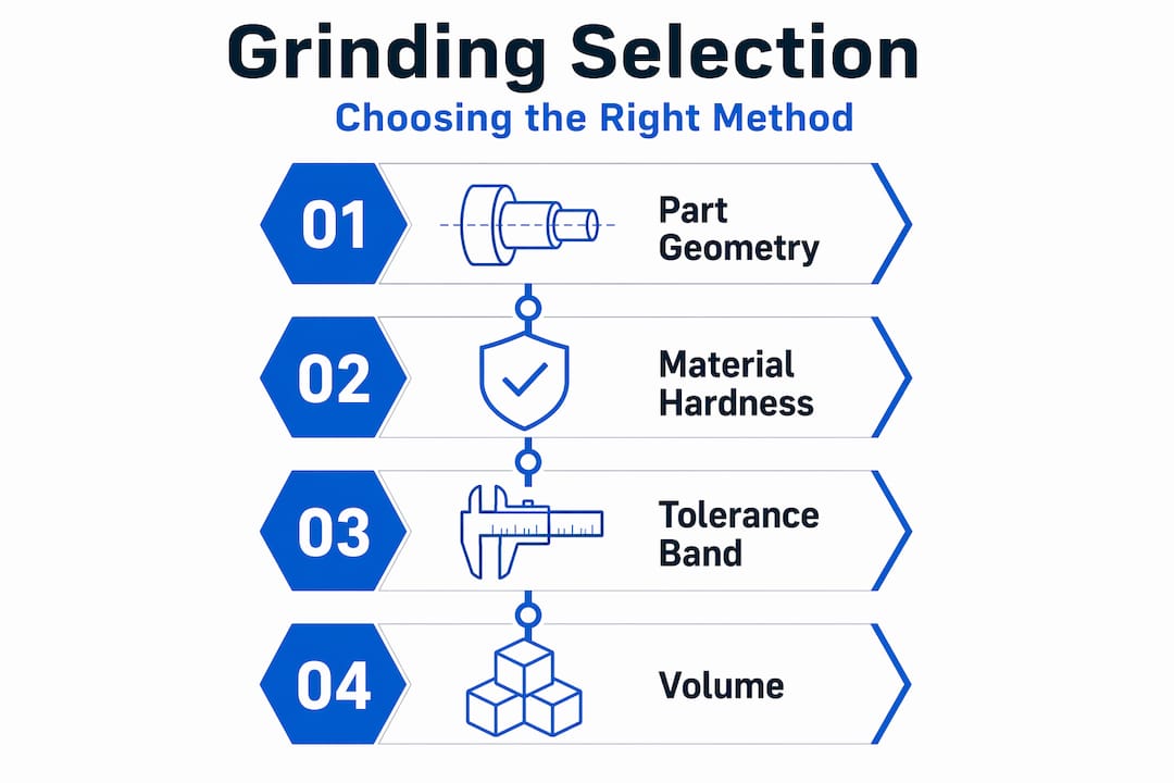Infographic outlining grinding method selection steps