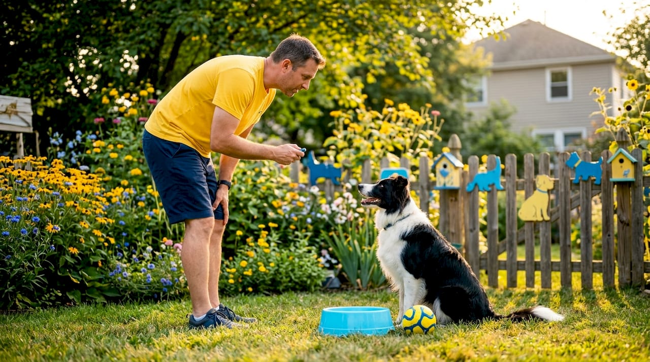 Man using clicker with attentive dog outdoors