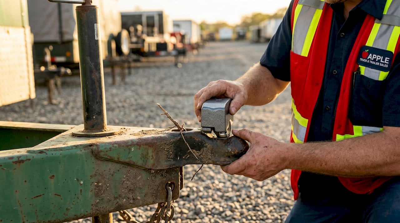 Hands securing coupler lock on trailer hitch