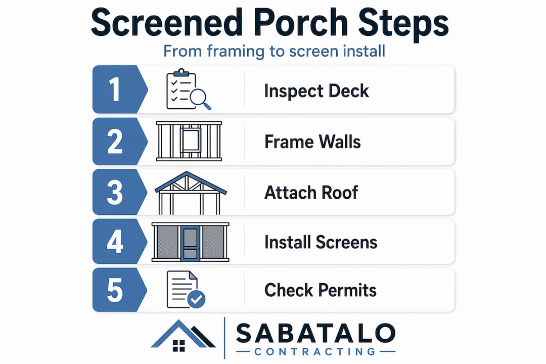Infographic showing steps for screened porch install