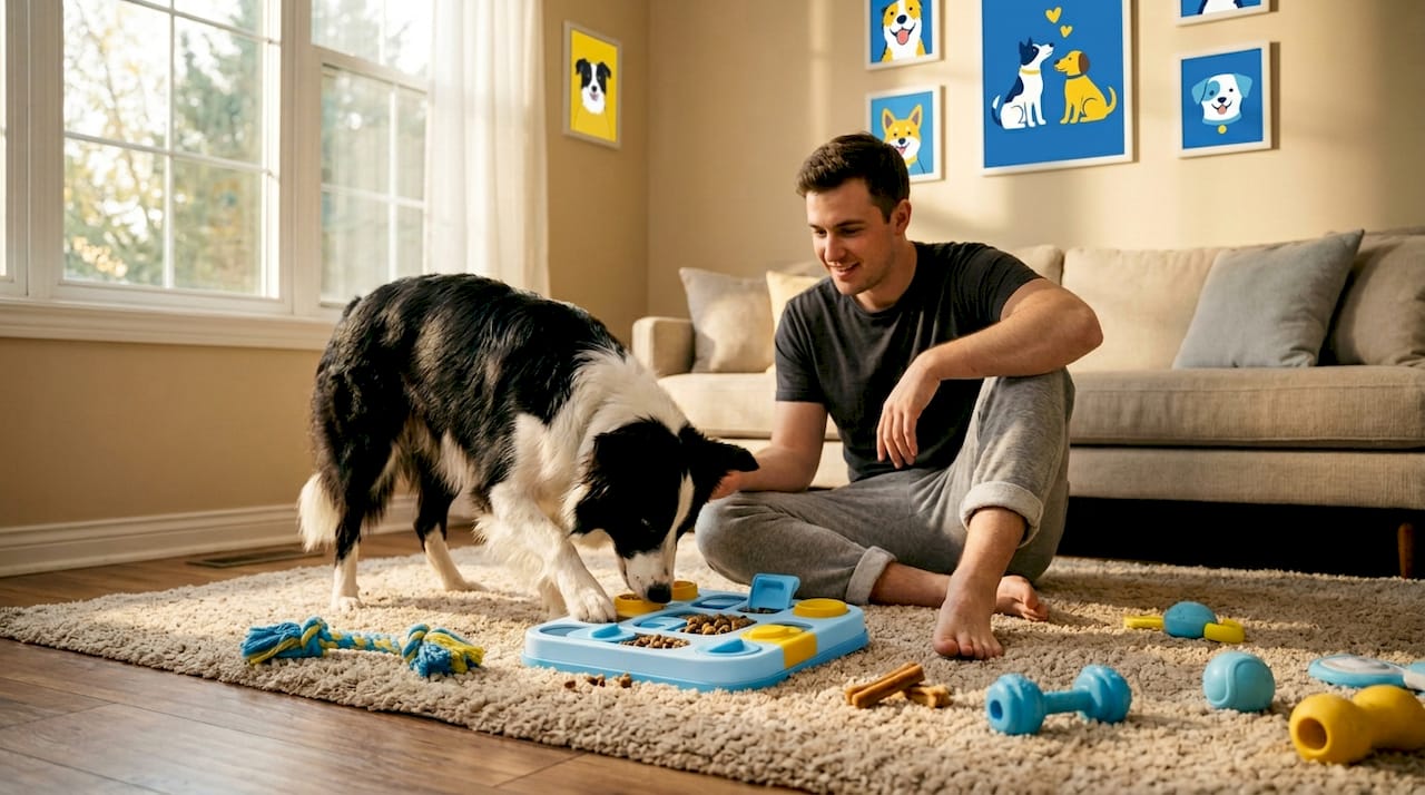 Border collie using puzzle toy for enrichment