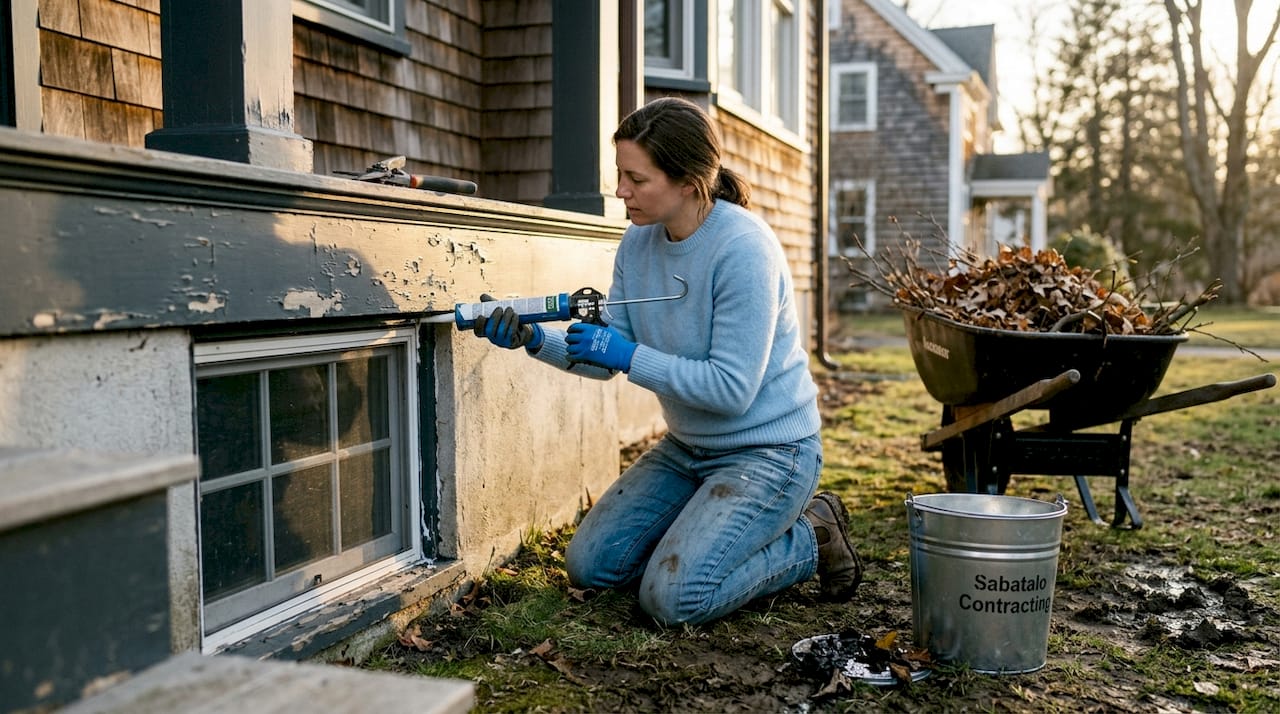 Homeowner reapplying caulk on basement window