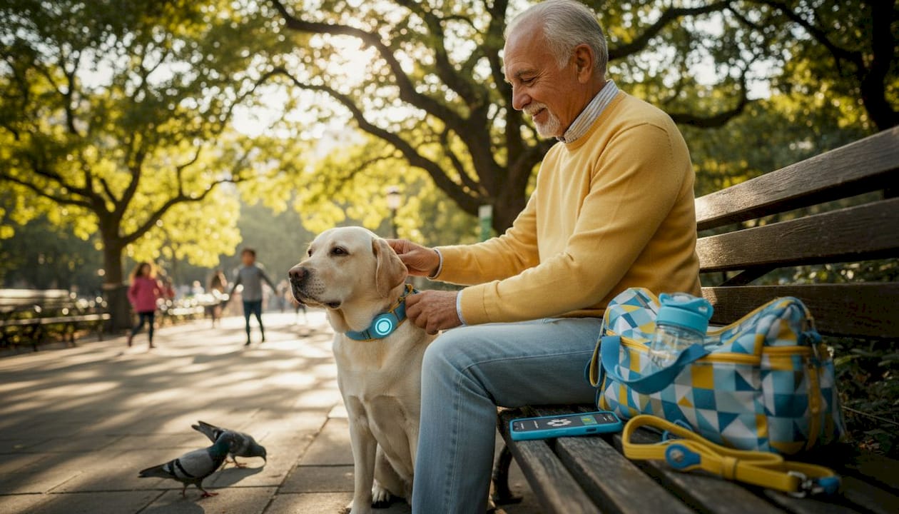 Senior man fitting wearable device on dog