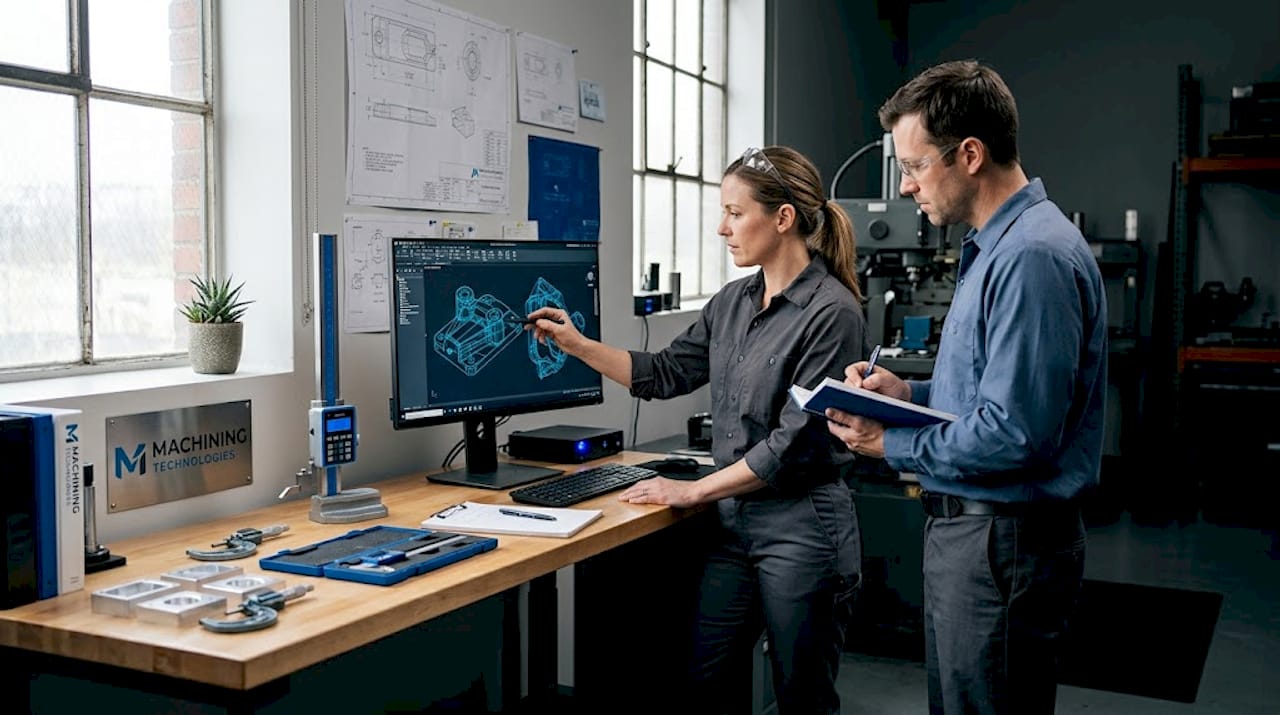 Machinist discussing DFM review with colleagues