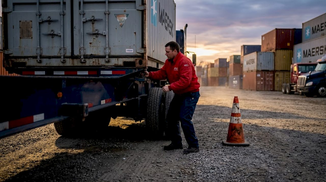 Truck driver unloading container at fleet site
