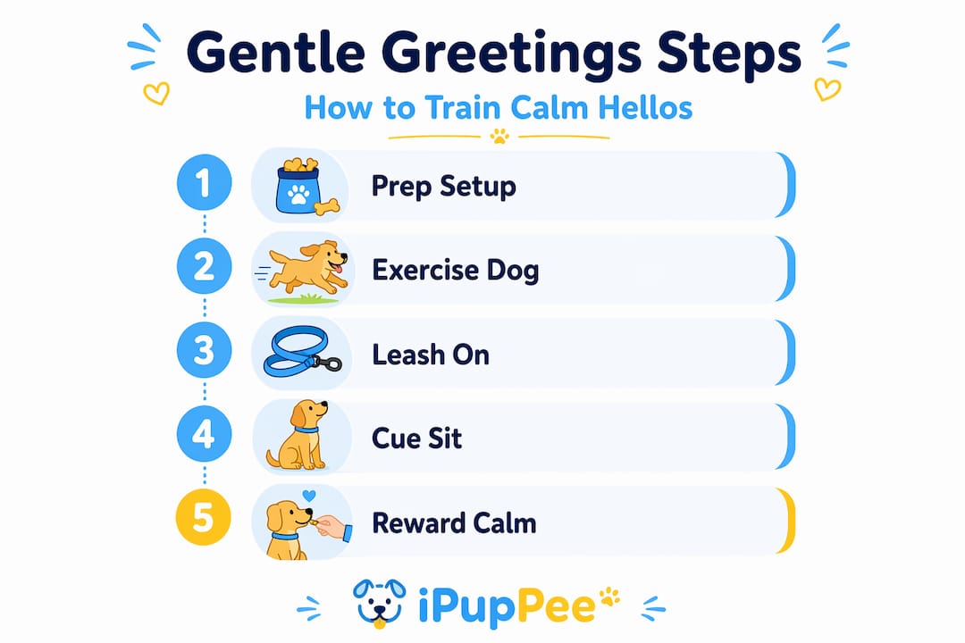Vertical infographic of calm dog greeting steps