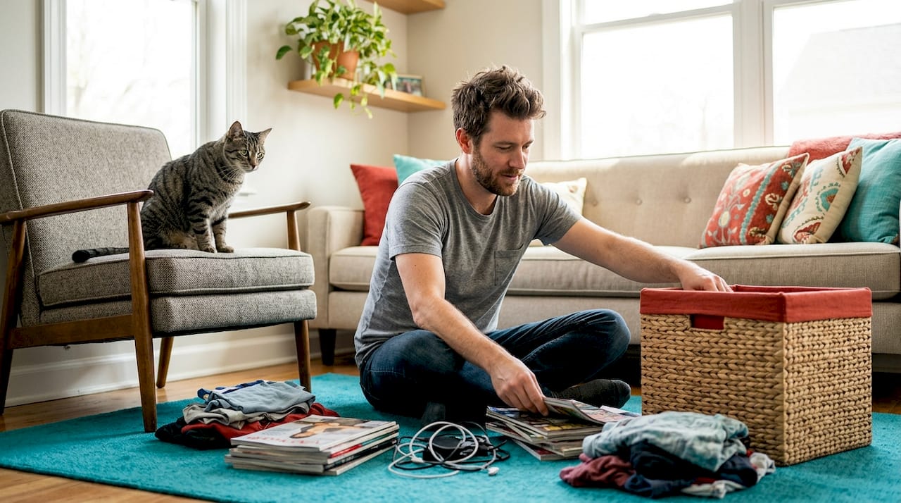 Man decluttering living room in cozy small apartment
