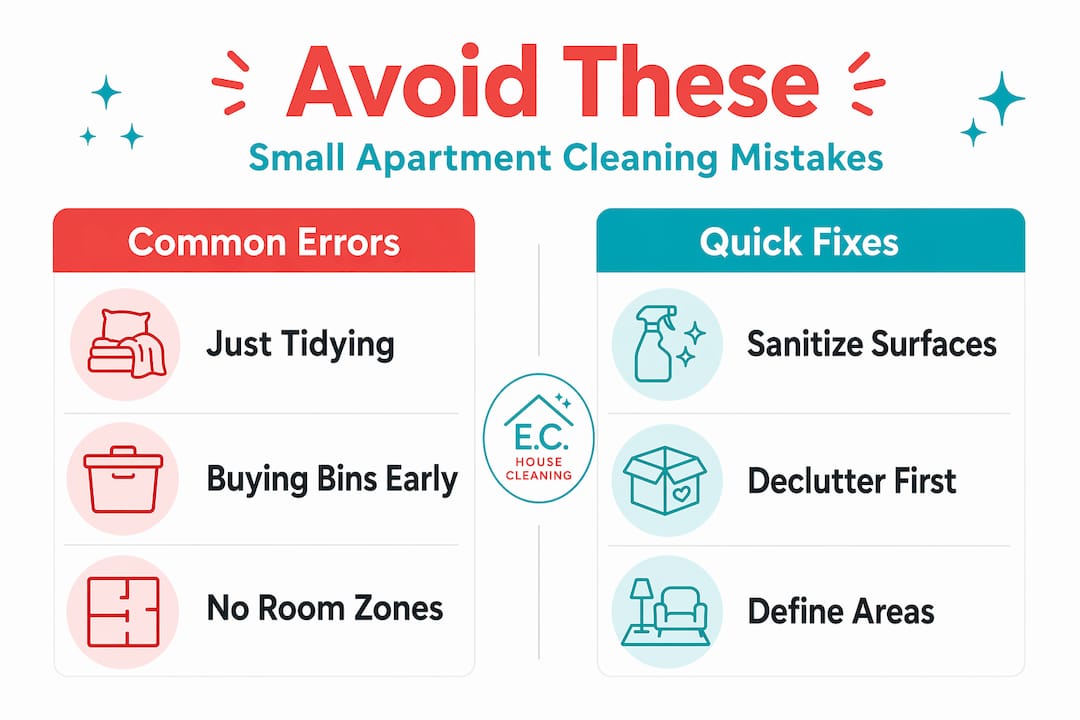 Infographic showing common mistakes and quick fixes for cleaning small apartments