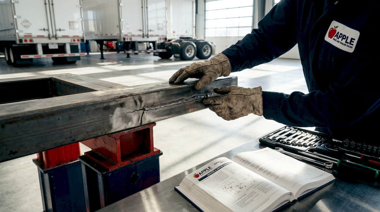 Hands inspecting cracked weld on trailer