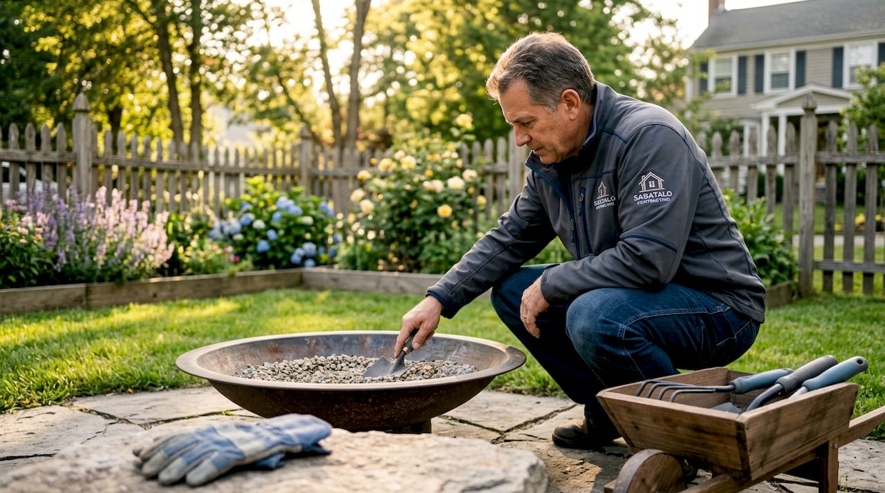 Handyman prepares fire pit base on patio
