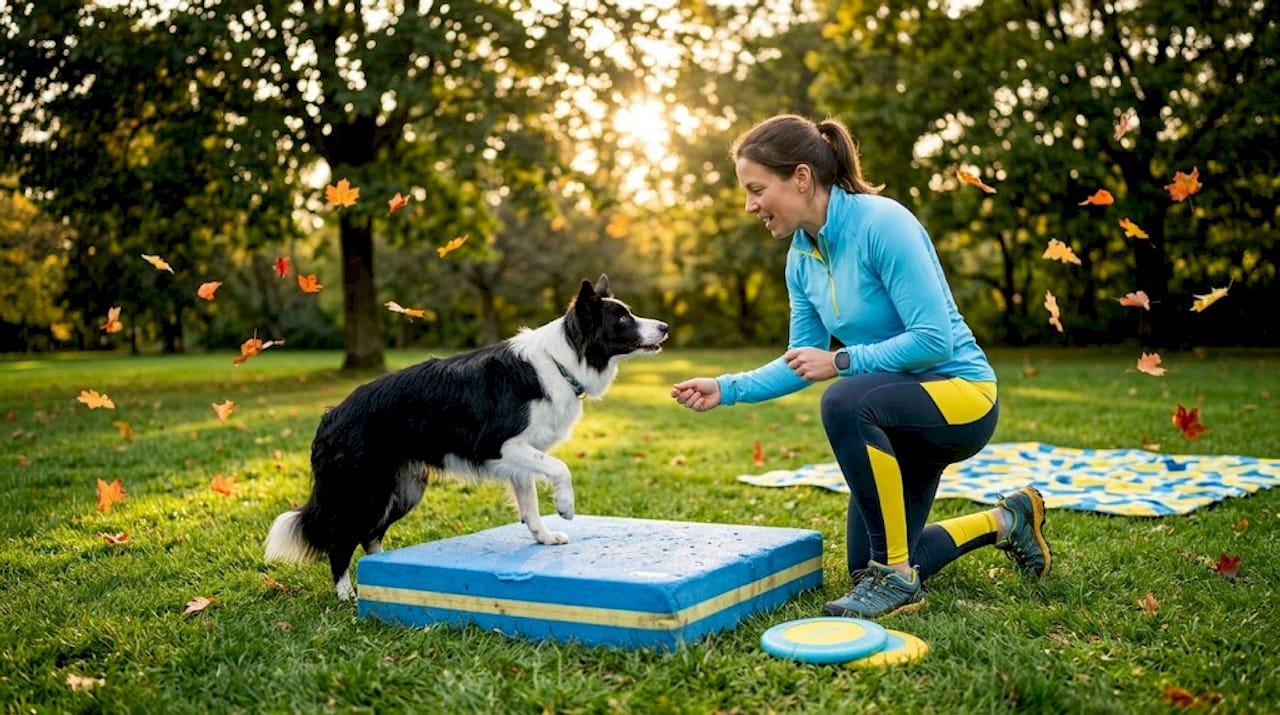 Trainer teaching dog place command outdoors