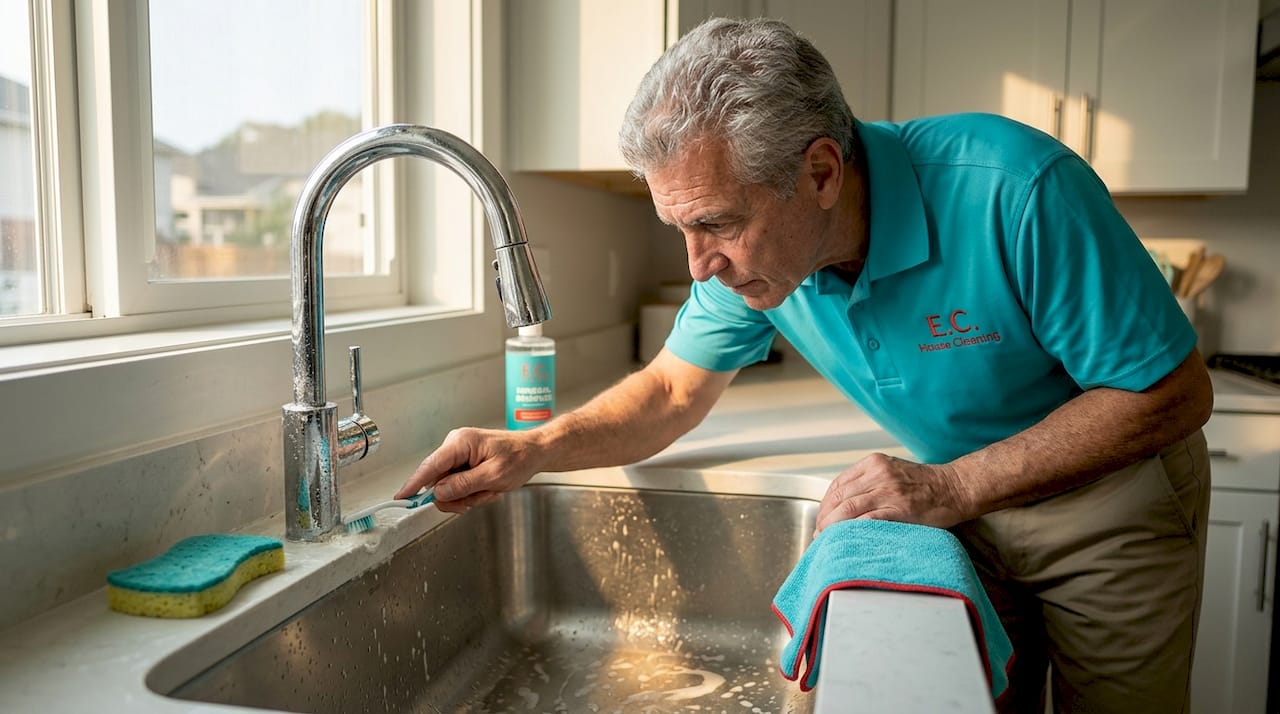 Cleaning mineral buildup around kitchen faucet