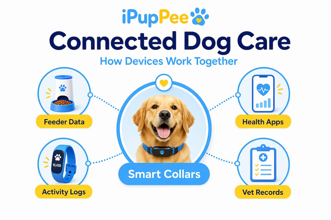 Infographic showing connected ecosystem for smart dog care