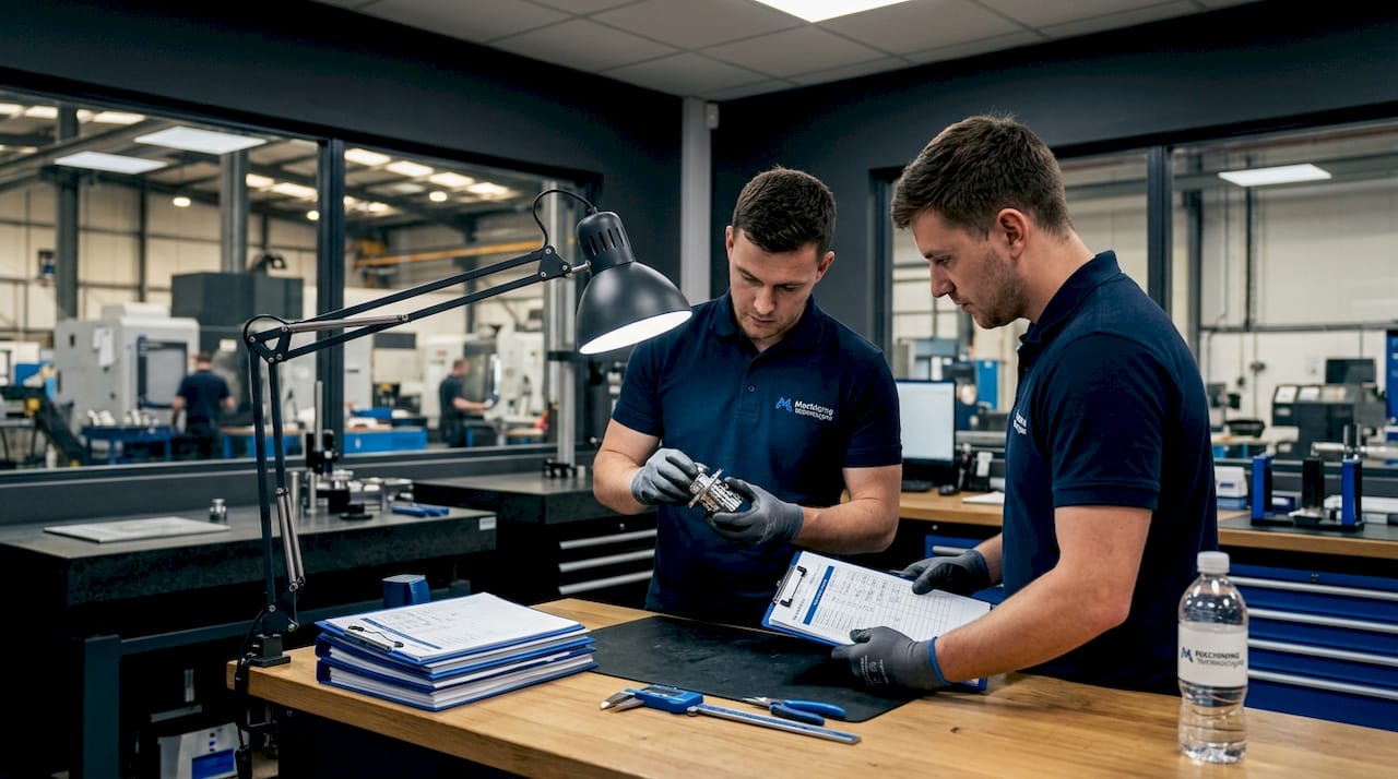QC inspectors reviewing machined parts together