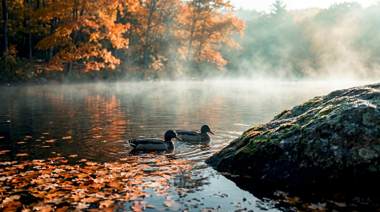 Misty Olney Pond with fall foliage sunrise