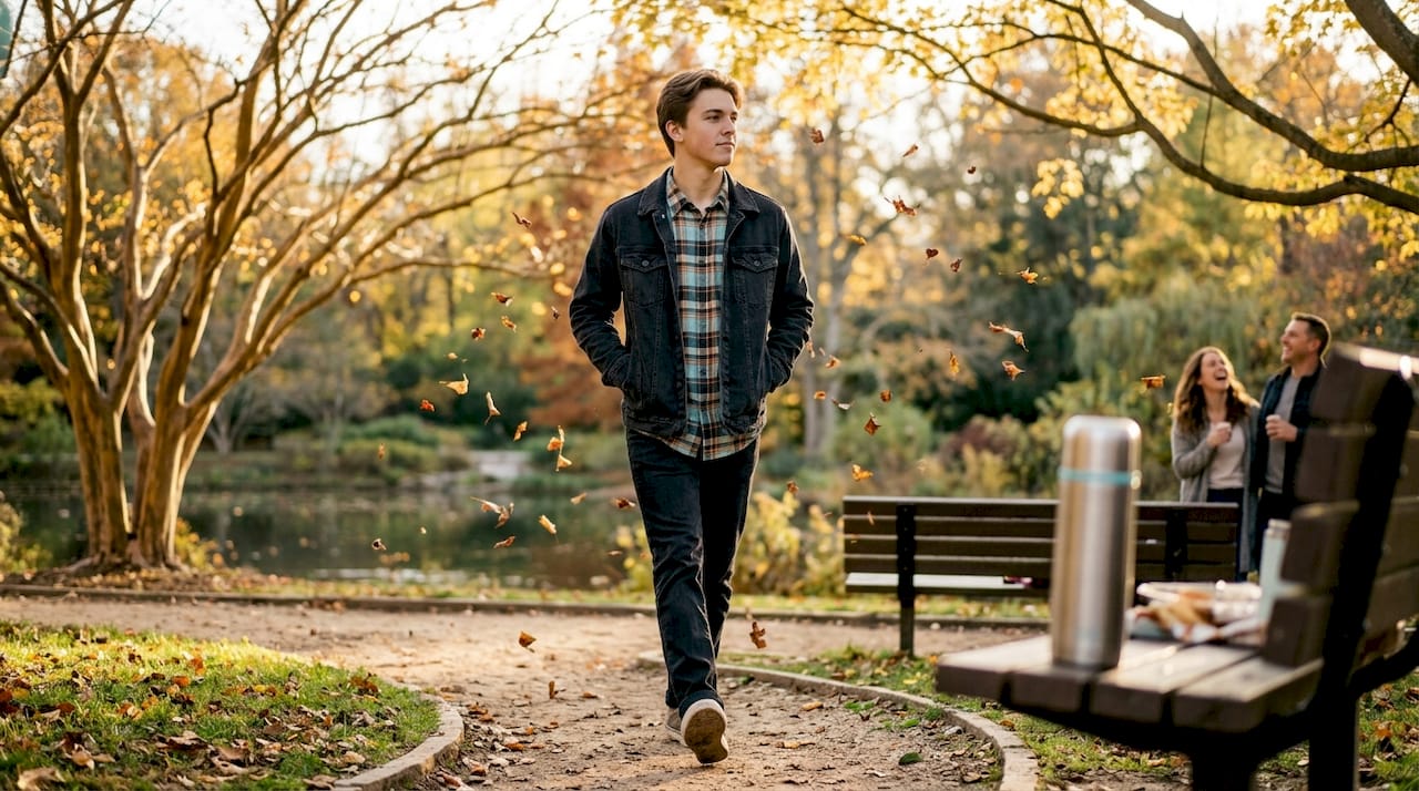 Senior walking outdoors among colorful fall leaves