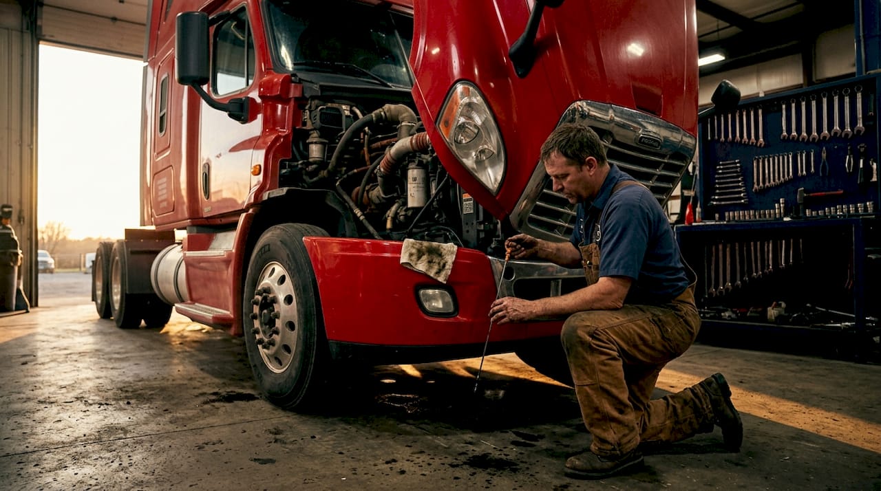 Mechanic checking oil in truck engine