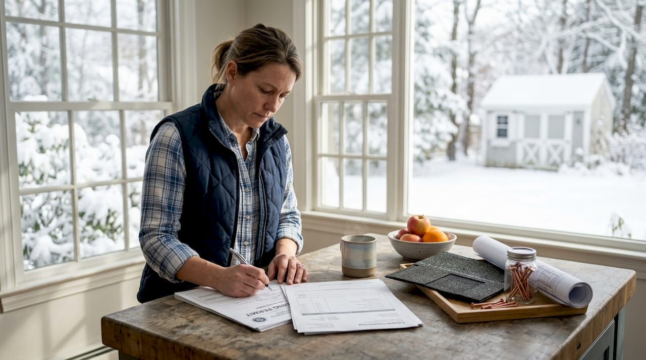 Contractor reviewing permit and invoices at kitchen