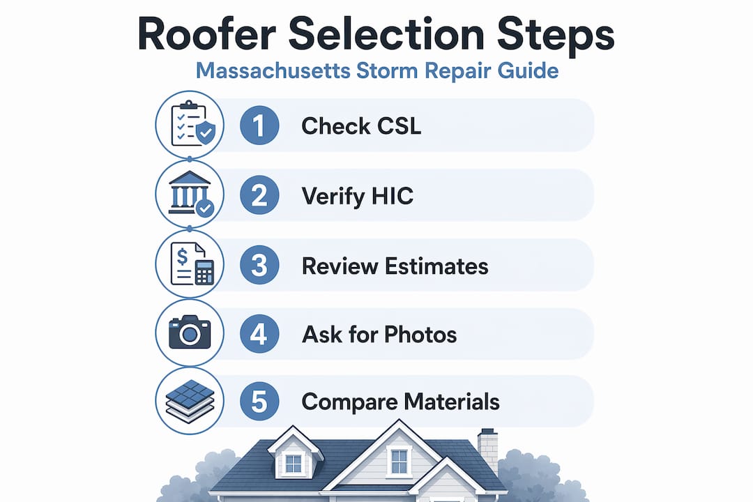 Infographic with five steps to hire a Massachusetts roofer
