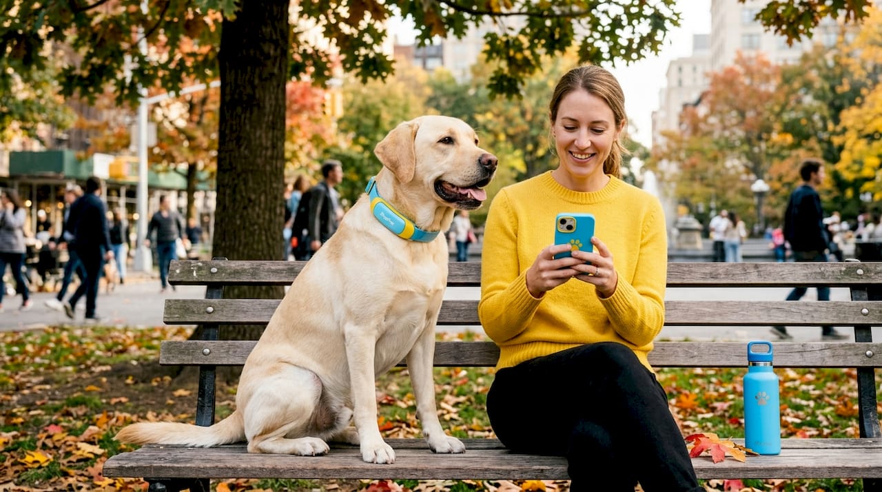 Labrador wearing smart collar near owner
