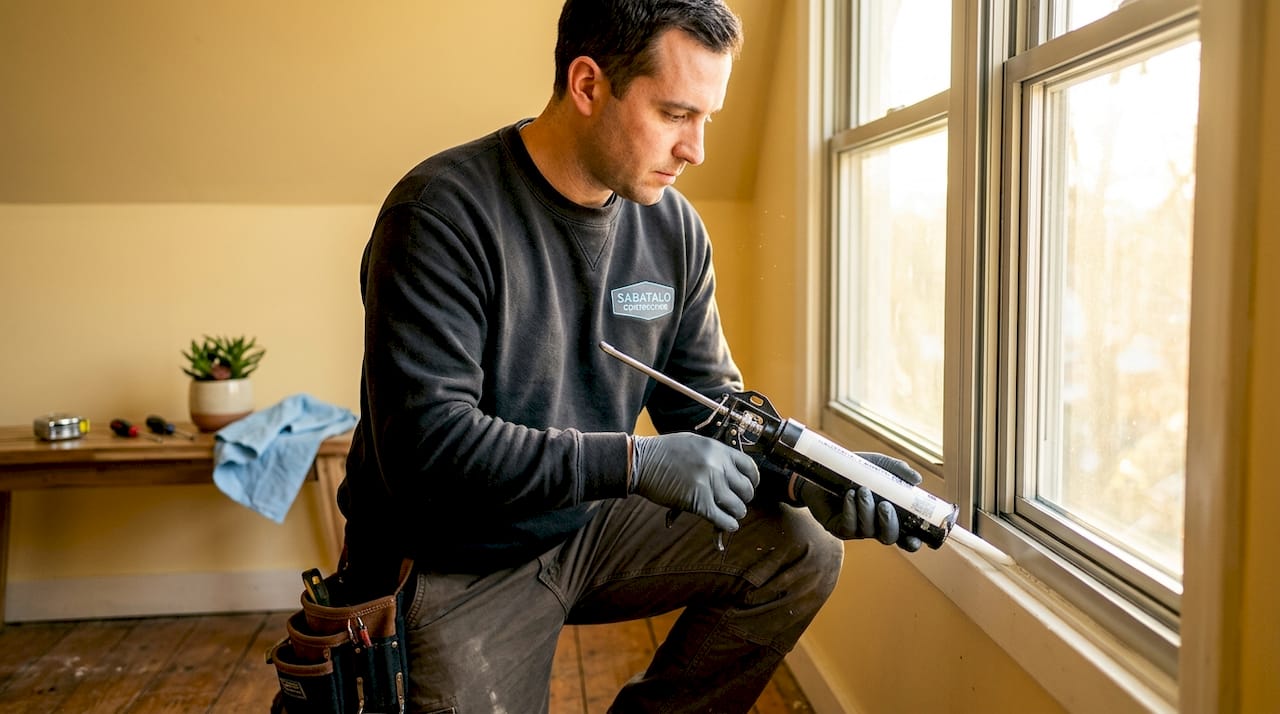Technician sealing aluminum window corner
