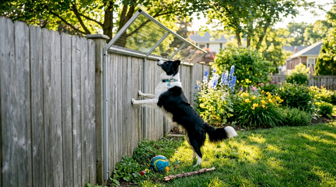 Dog assessing slanted fence extension reinforcement