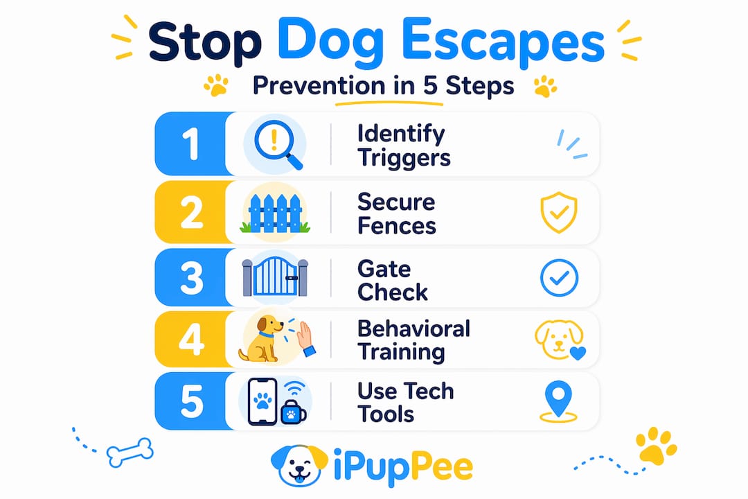 Infographic showing five steps to prevent dog escapes
