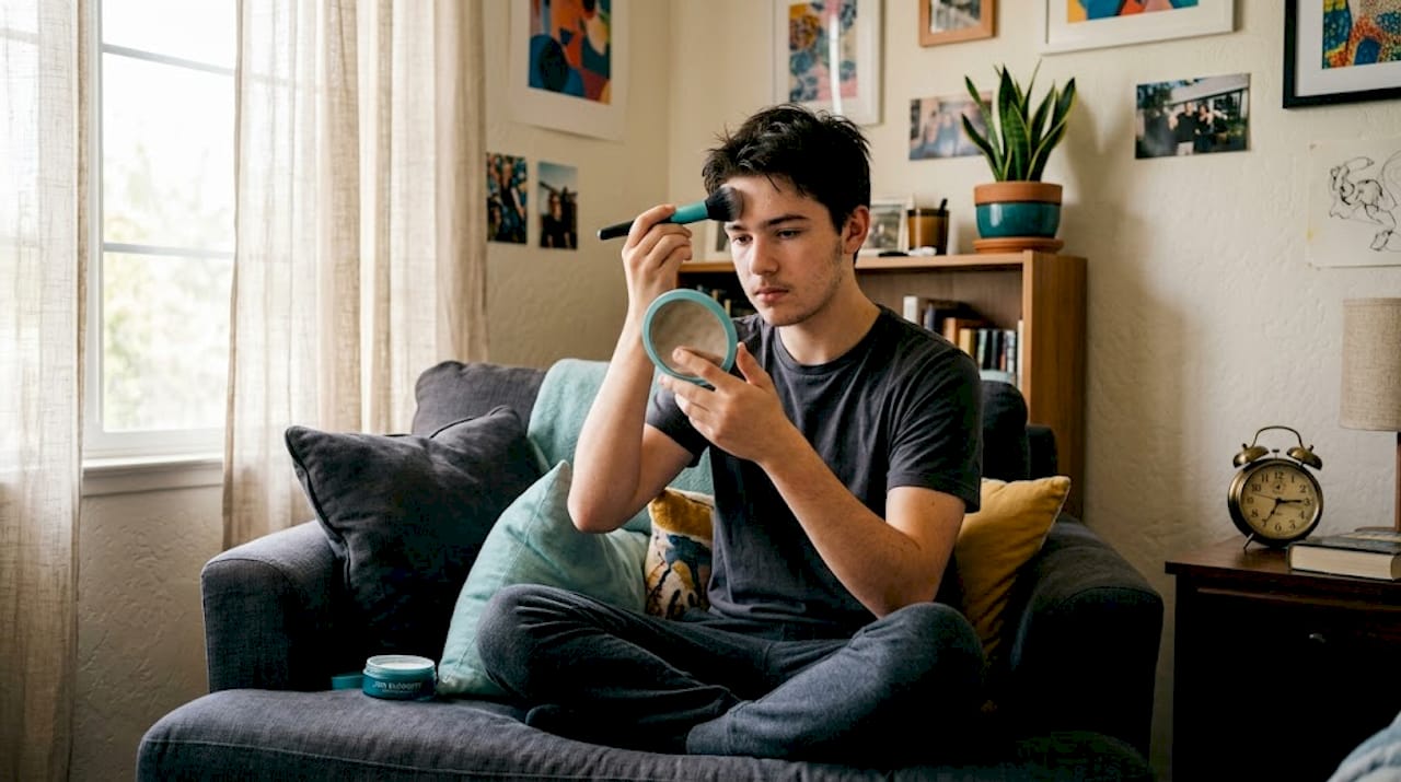 Teen practicing senior portrait makeup at home
