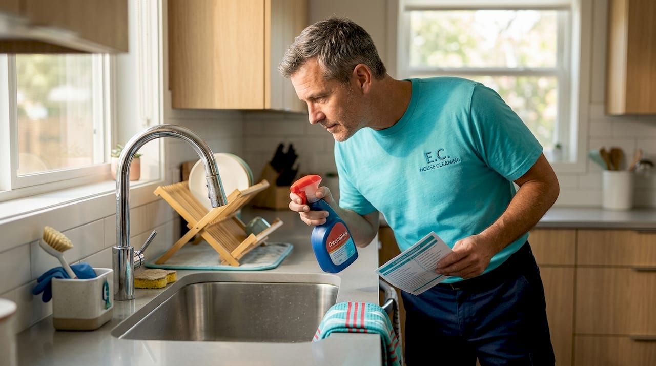 Professional cleaner assessing bathroom challenge