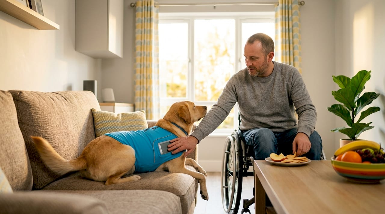 Service dog with smart vest beside wheelchair user