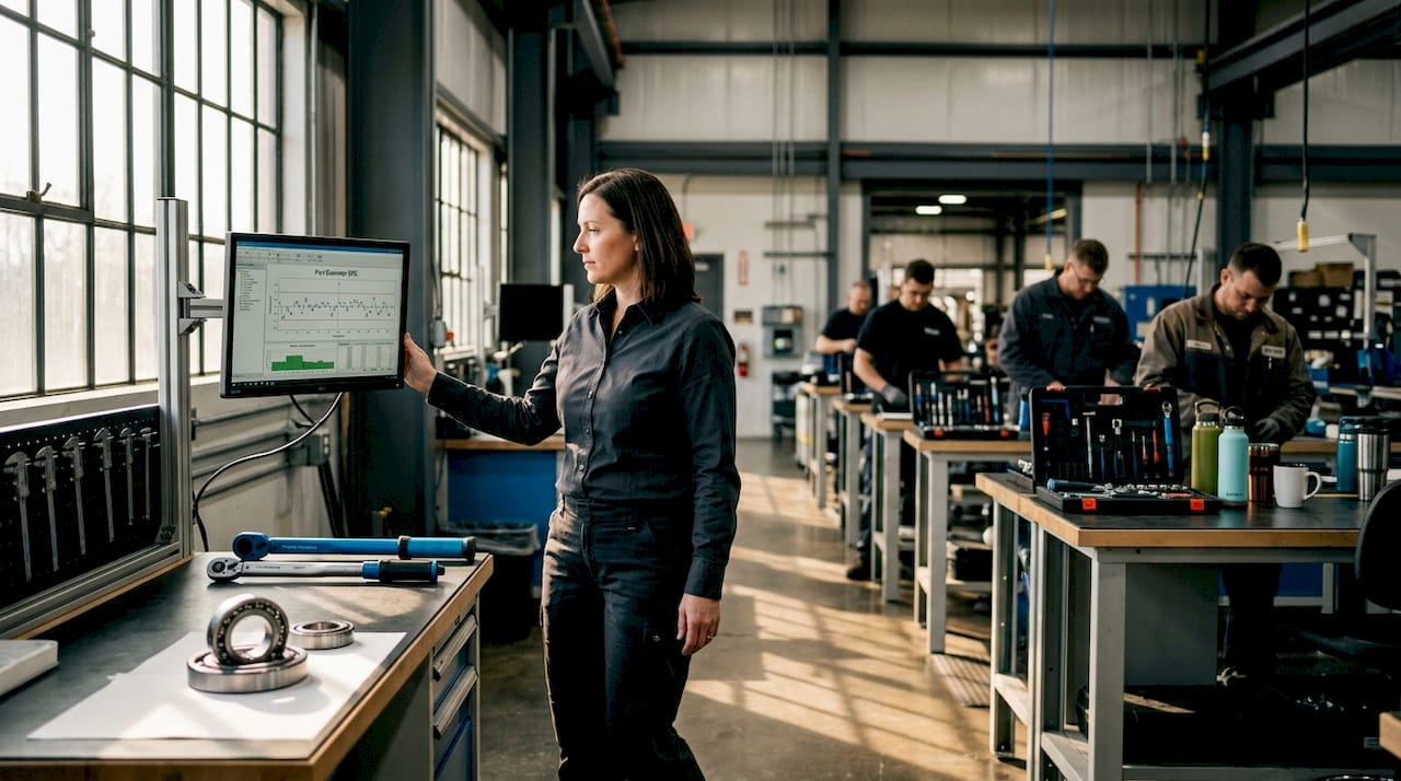 Supervisor reviewing SPC chart on factory floor
