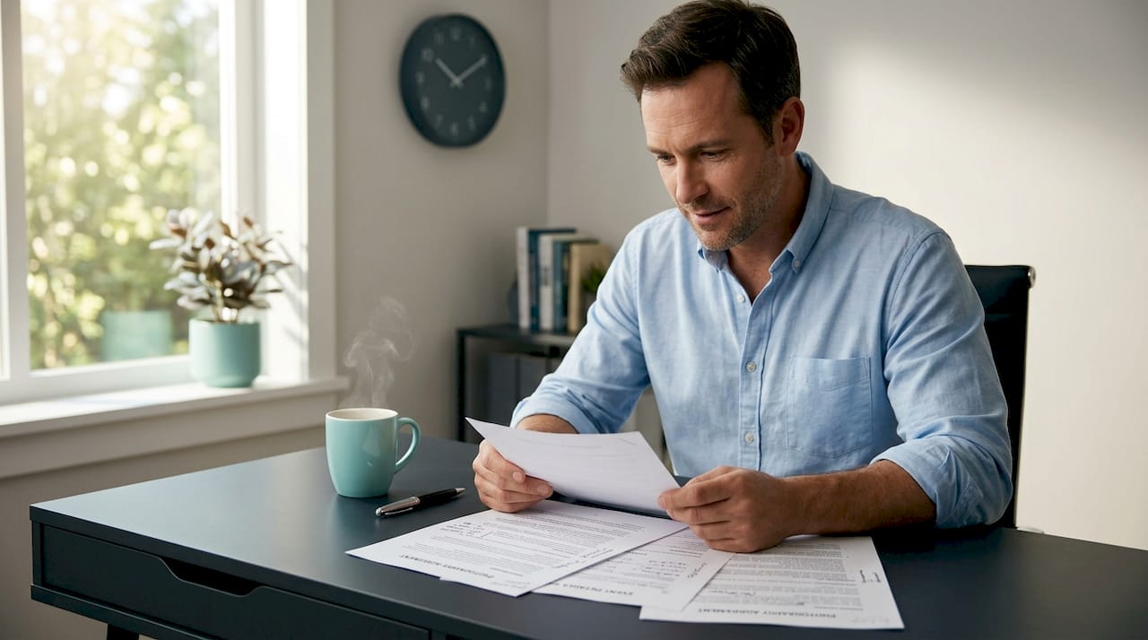 Man reviewing photography contract at kitchen table