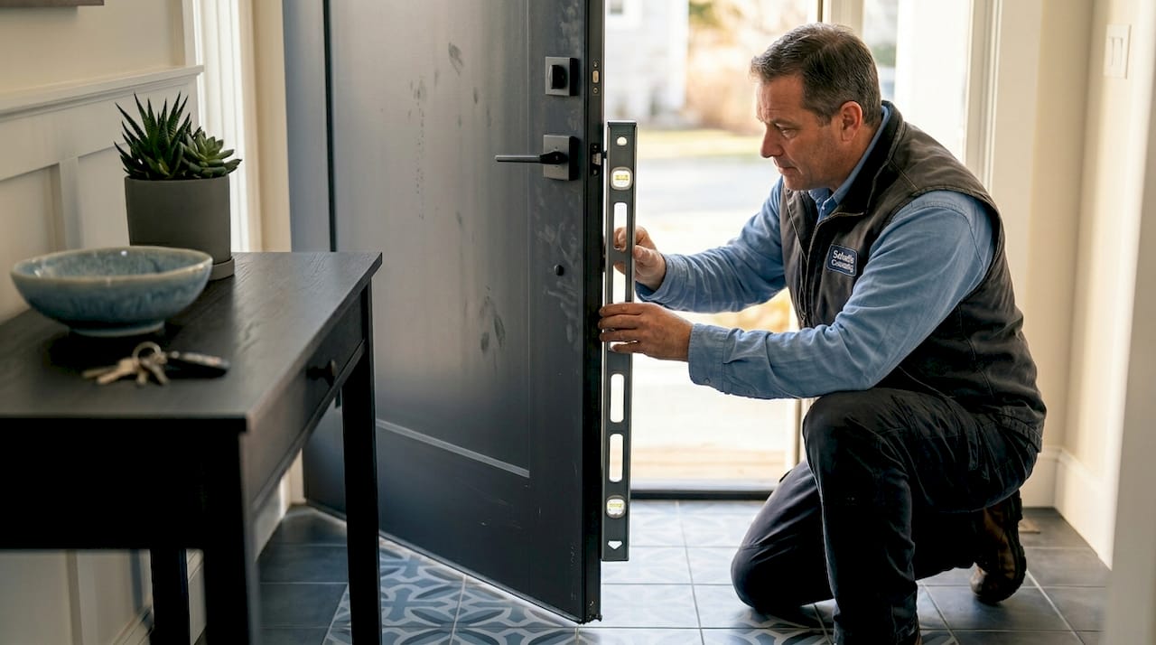 Contractor aligning steel entry door in foyer