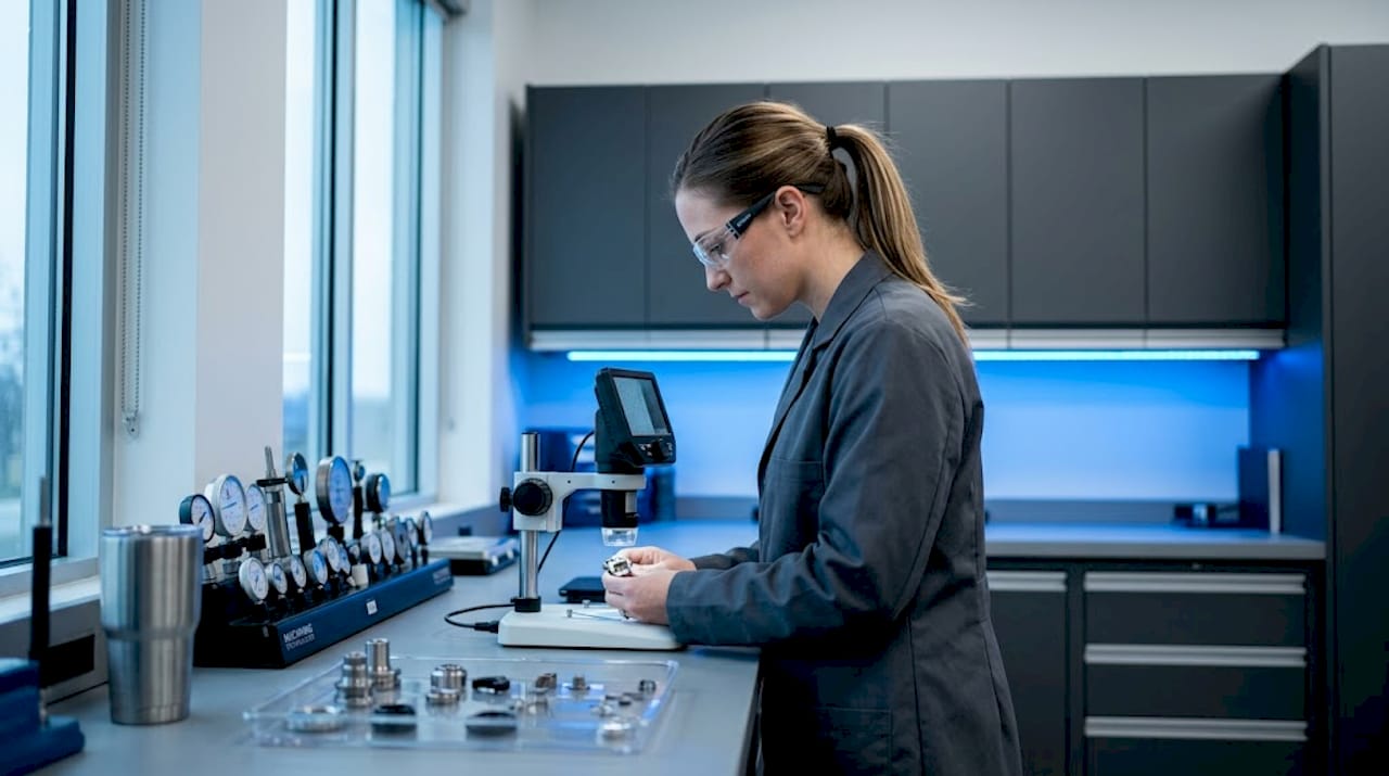 Technician inspecting metal part under microscope