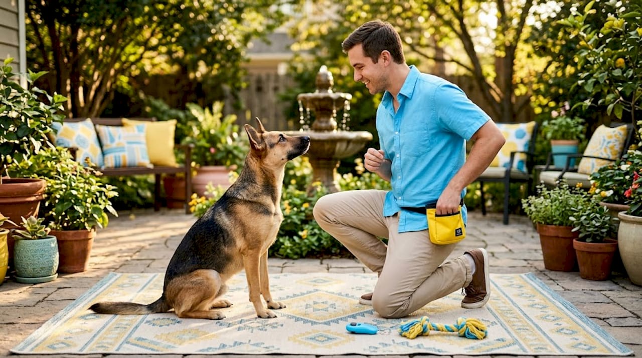Trainer working on rescue dog alert skills outdoors
