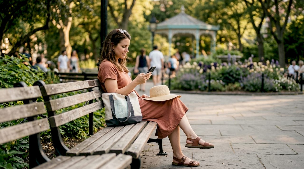 Woman in earth-toned outfit checks phone in garden