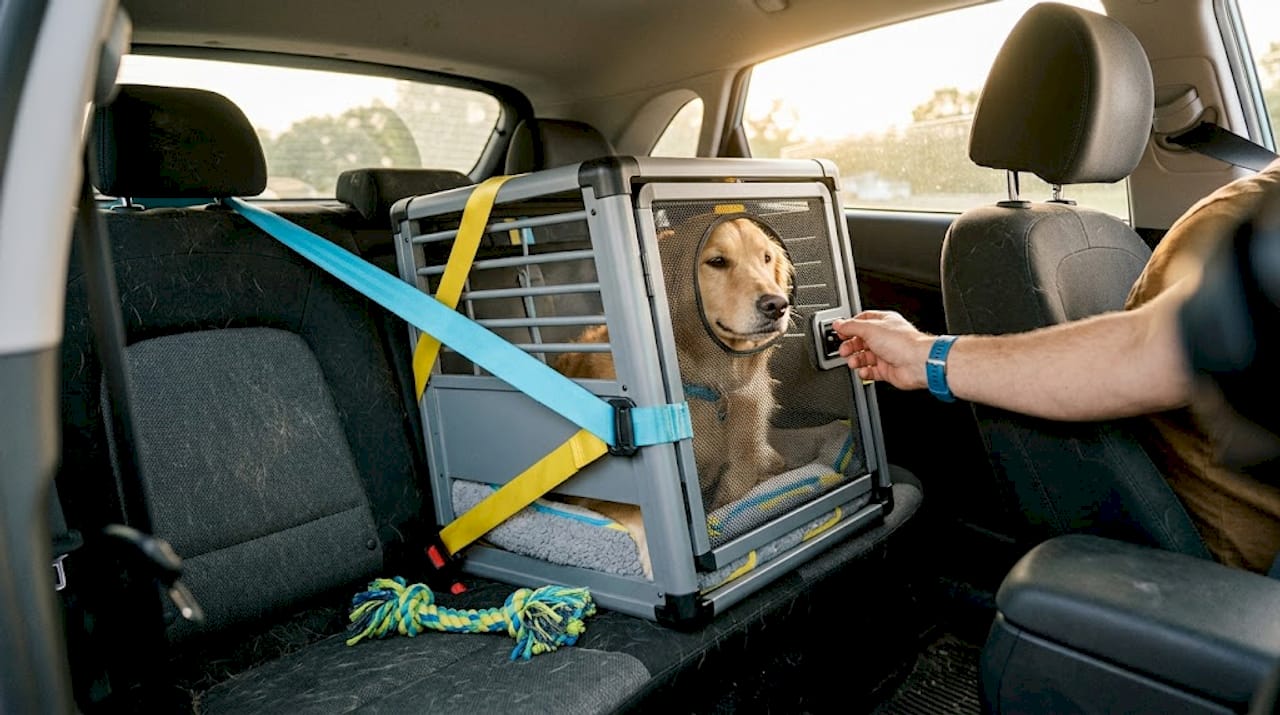 Dog in crash-tested crate in car