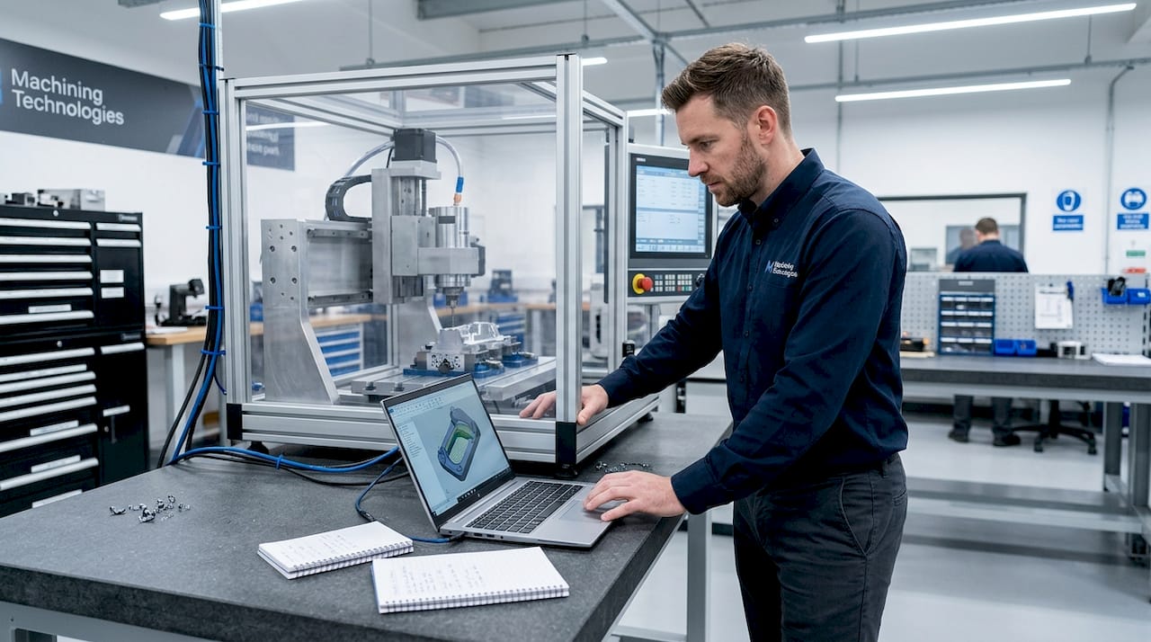 Engineer reviewing digital twin simulation at CNC cell