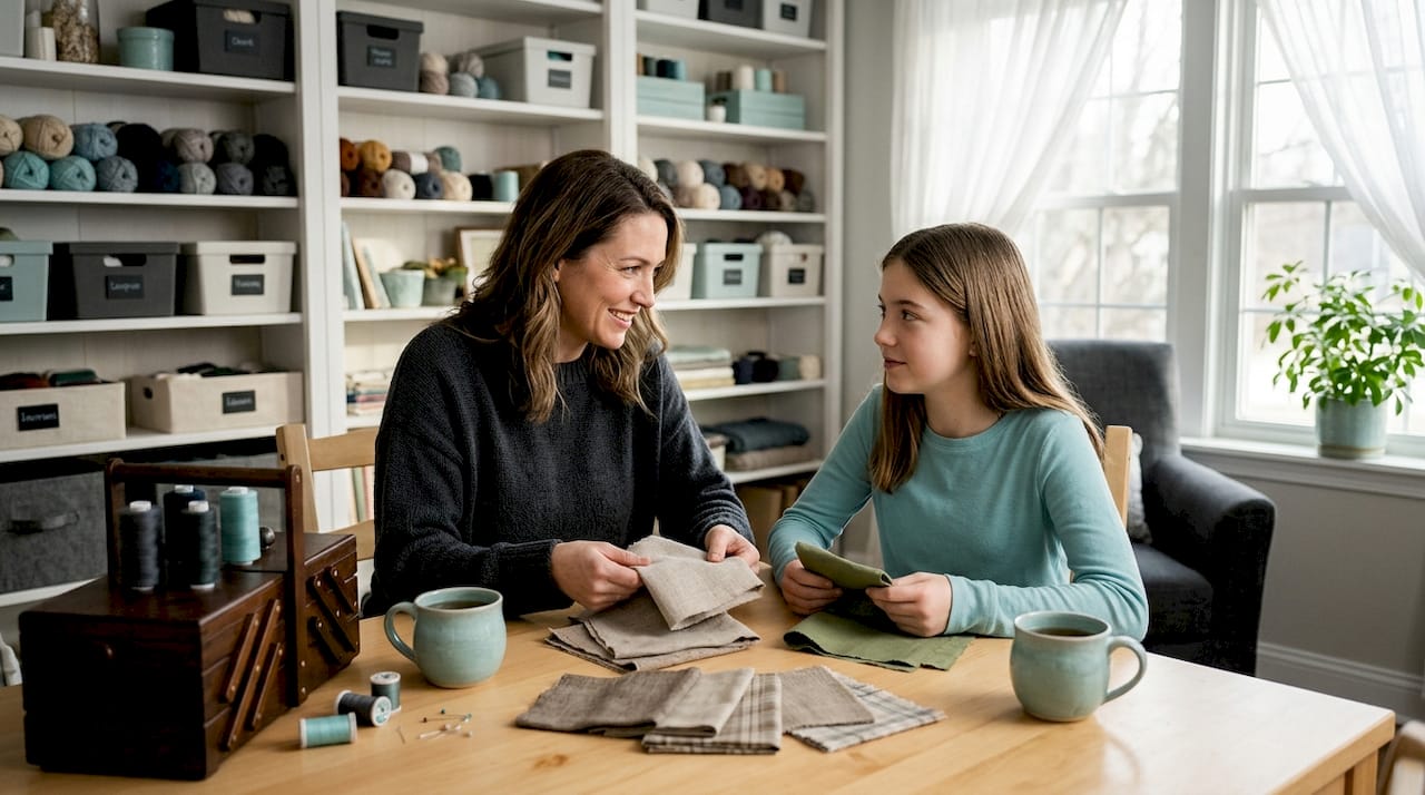 Mother and daughter choosing photo fabrics