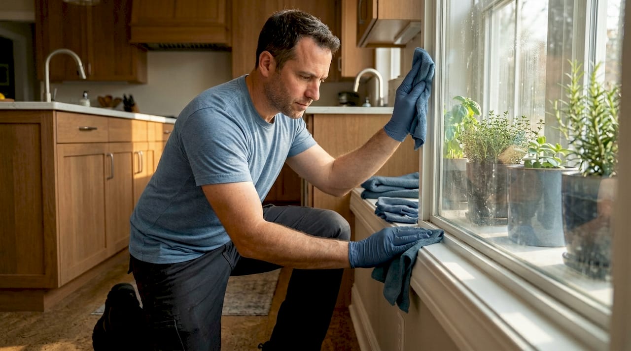 Cleaning vinyl window frame in family room
